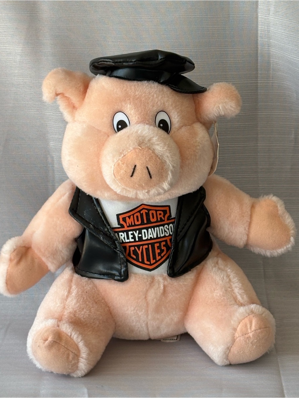 Vintage Harley-Davidson Peach Plush Pig with Black Vest and Cap M61